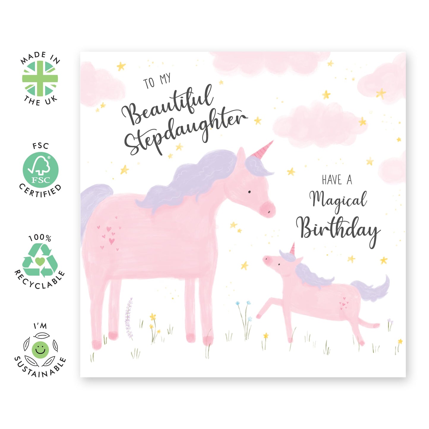 Magical Birthday Greeting Card - 'Unicorn Beautiful Stepdaughter' - Gift for Girls, Stepdaughter, Kids, Children, Baby From Mum, Mother - Mum Love - Comes with Fun Stickers
