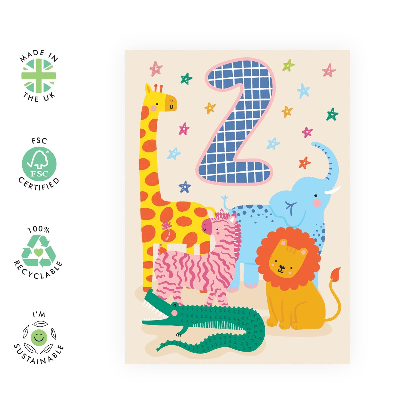 2 Year Old Birthday Card - Cute Safari Animals - Boy Birthday Card Age Two - Happy Birthday Cards For Girls Godson Granddaughter Niece - 2nd Bday Gifts For Kids - Comes With Stickers By Central 23