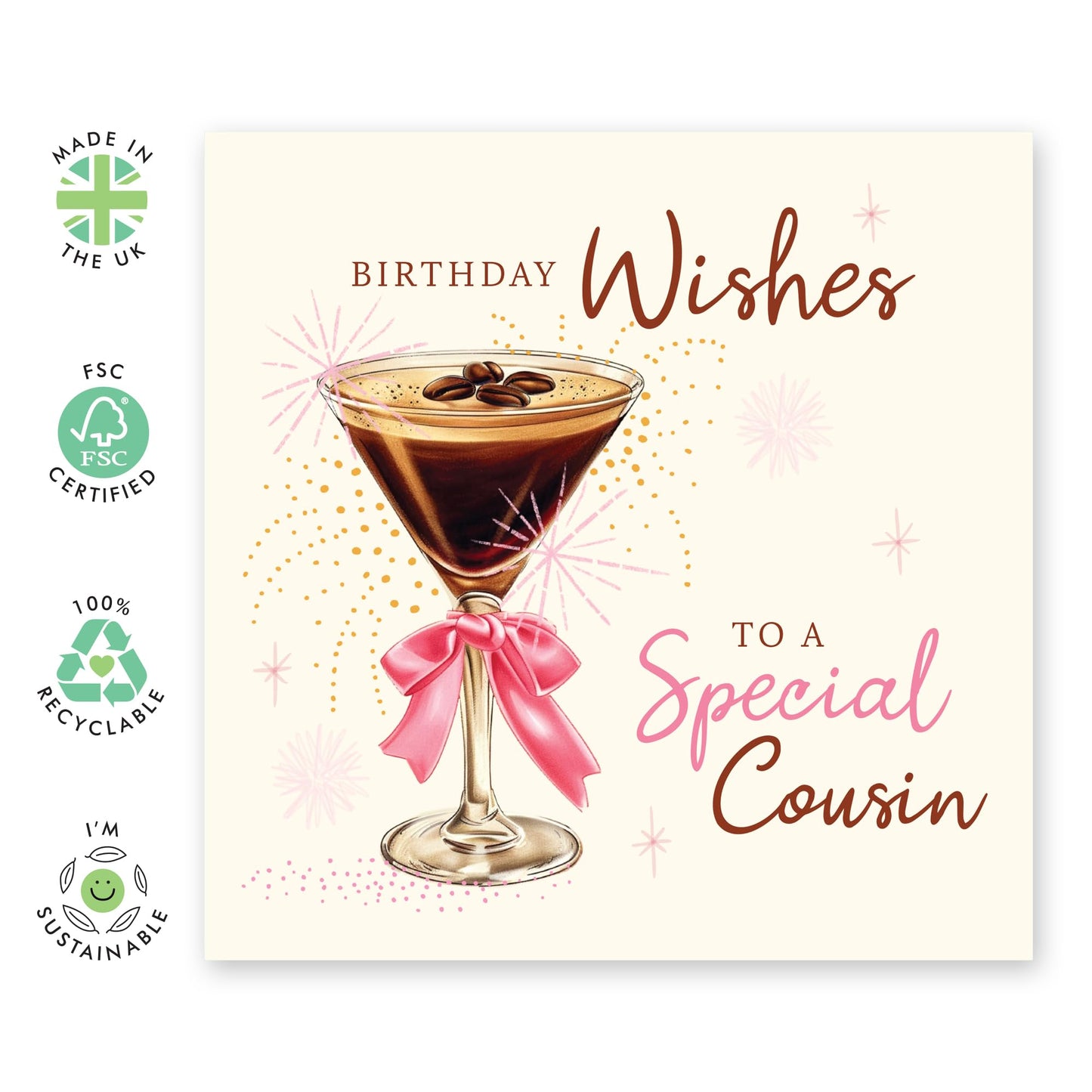 Best Wishes Birthday Card - 'Special Cousin Birthday' - Presents for Cus, Family, Relatives - Wine Glass - Comes with Fun Stickers