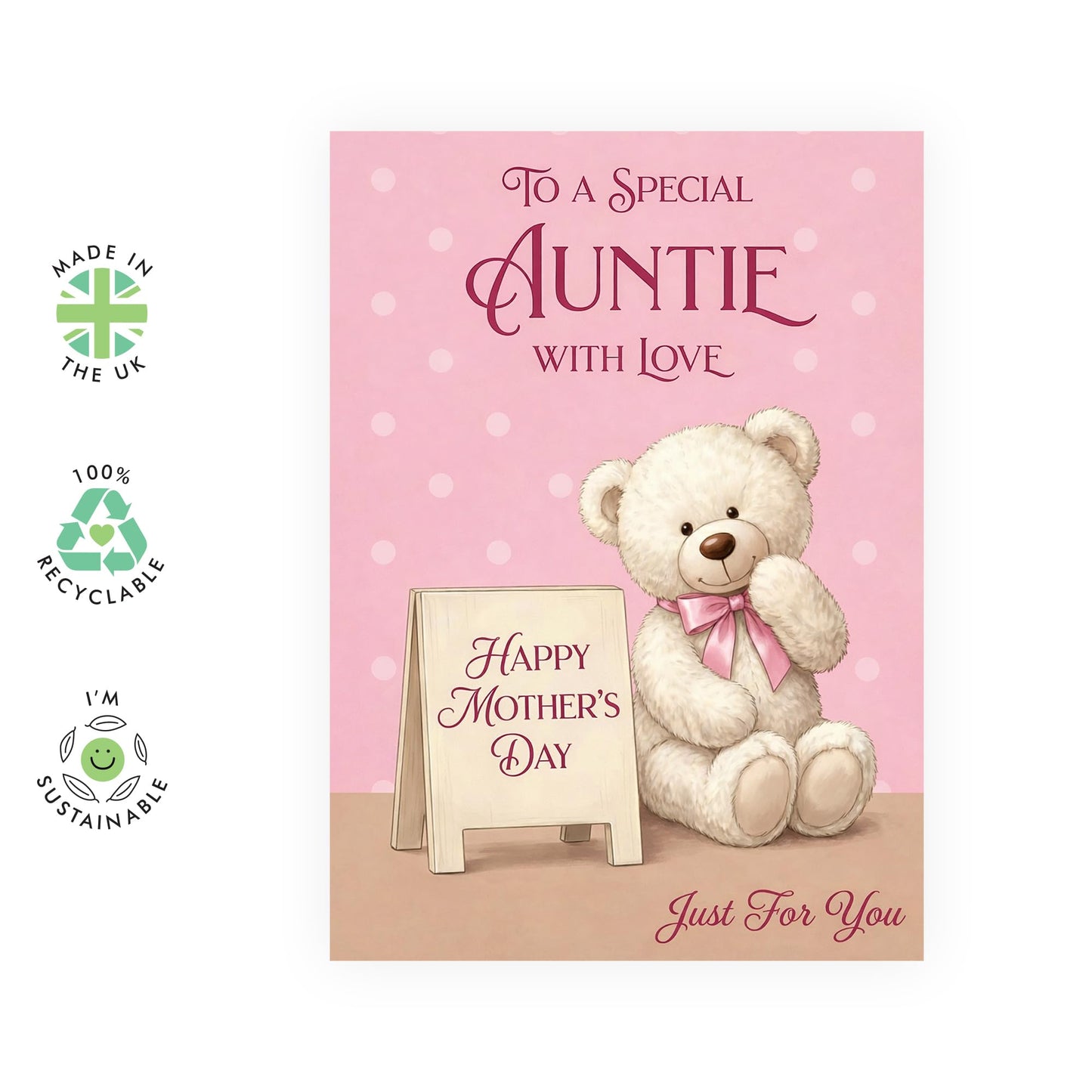 Cute Mother’s Day Card – "Auntie Just For You" - Greetings for Aunts Mama Mums Mummy Her Ladies Women Family - Teddy Bear Sitting From Niece Nephew - Comes with Sweet Stickers