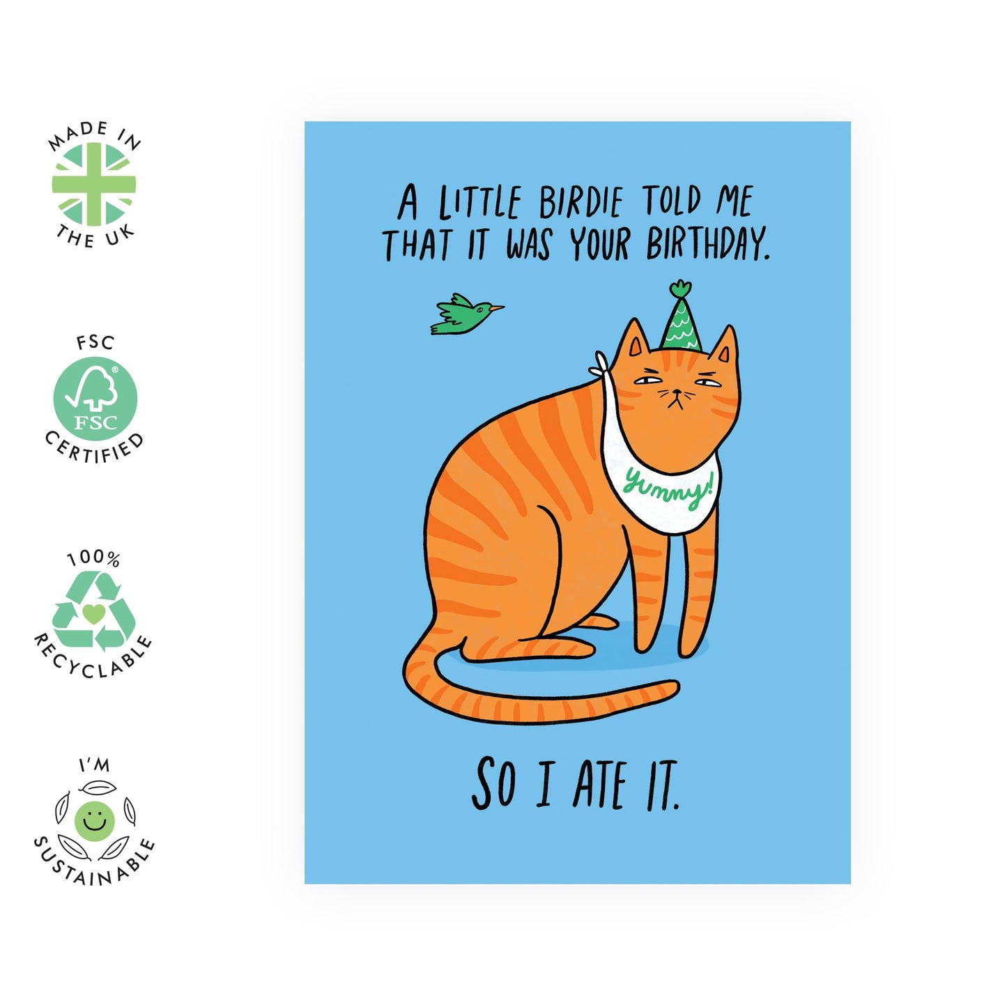 Cute & Funny Birthday Card - 'Hangry Cat' - Gifts for Best Friends, Besties, BFF,Girlfriends, Sister, Sis, Bruv, Mates, Co-workers, Colleagues - Ate The Bird - Comes with Fun Stickers