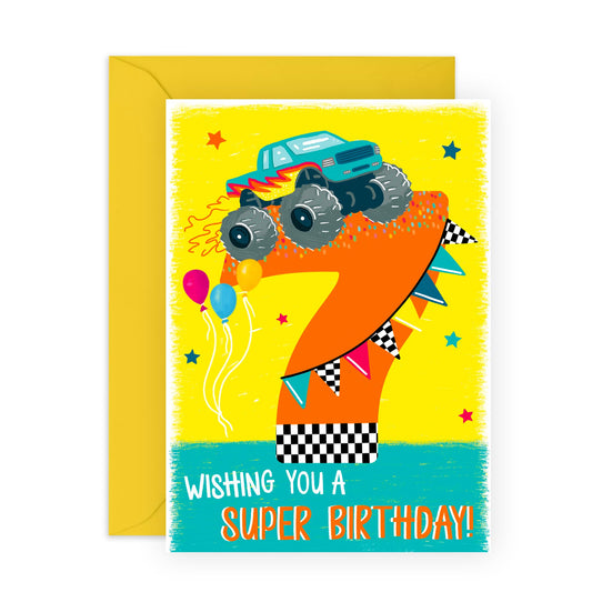 7th Birthday Card Boy Girl Toddler - Wishing You A Super Birthday - Monster Truck - Happy Birthday Card Age Seven - Seventh Bday Gifts For Grandson Goddaughter Kids - Comes With Stickers By Central 23