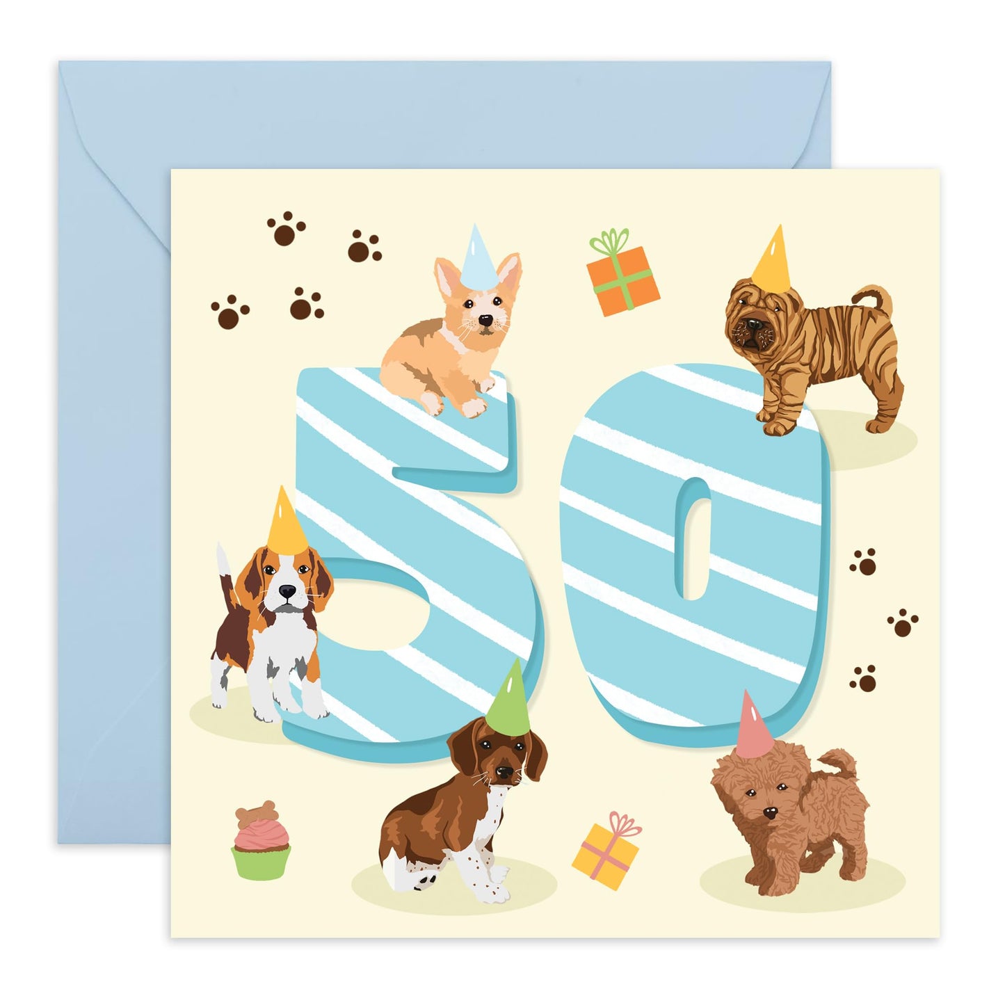50th Birthday Card For Men - Puppy Birthday Age 50 - Puppy Birthday Card - Husband Dad - Brother - Happy Fiftieth Birthday Greeting Card Male Friends - Comes With Fun Stickers - By Central 23