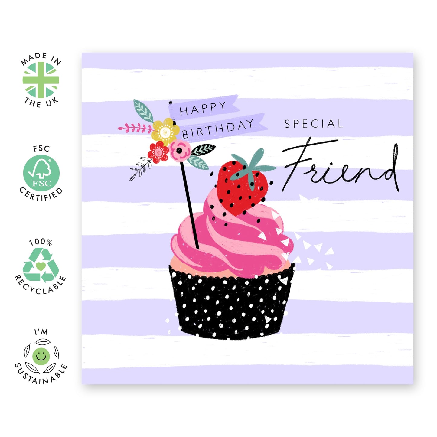 Friend Birthday Card Purple - Special Friend Birthday Card - Happy Bday Cupcake - Gifts For Women Her Female Friend - Comes With Fun Stickers - By Central 23
