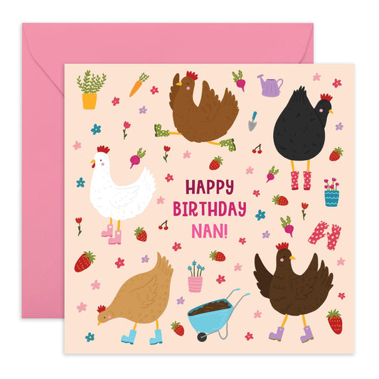 Birthday Greeting Card - 'CHICKEN BIRTHDAY NAN GARDENING' - Perfect for Celebrating with Whimsy and Love for the Garden - Ideal for Grandmothers and Chicken Lovers - Comes With Stickers By Central 23