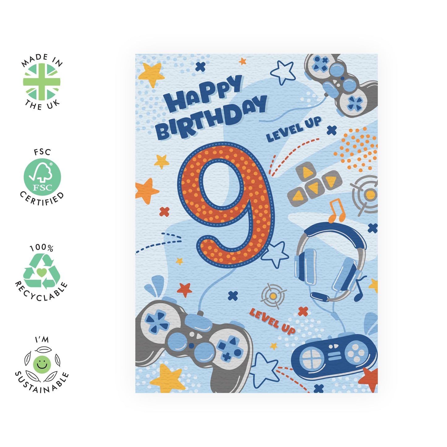 Kids Birthday Card 9 Year Old - Gamer Birthday Cards For Boys - Happy Ninth Birthday - Gaming Video Games - Age Nine - Gifts For Son Grandson Brother - Comes With Stickers - By Central 23