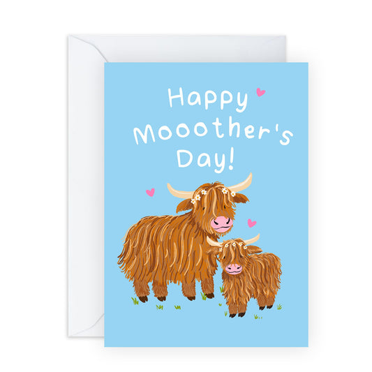 Cute Mothers Day Card – "MOO" - Highland Cow Mum Daughter Mummy Mam Nana Granny Grandma Step Mum Aunt Wife Her Women from Son Daughter – Cute Farm Animals - Comes with Sweet Stickers