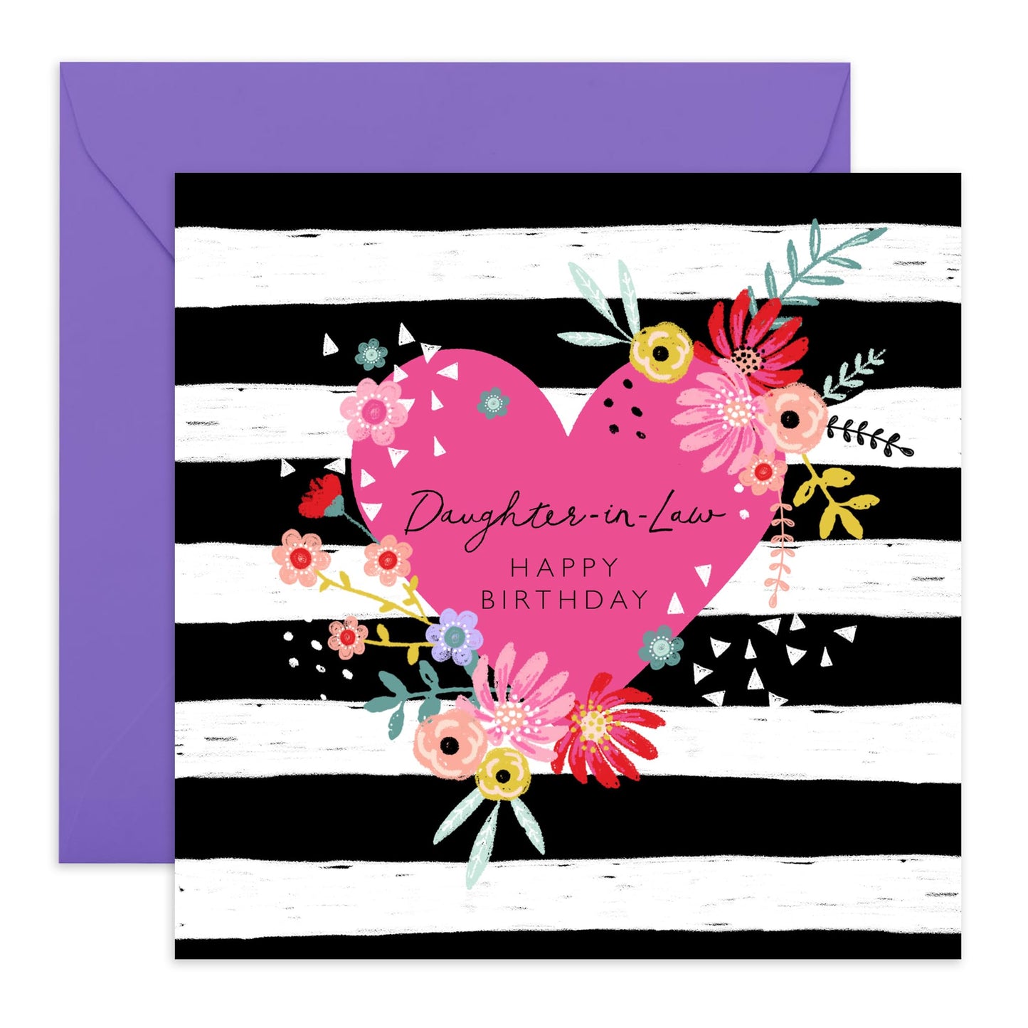 Birthday Card For Daughter In Law - Pretty Greeting Card For Women - Flowers Hearts And Stripes - Sweet Heart Gifts For Daughter-in-law - Comes With Cute Stickers - By Central 23