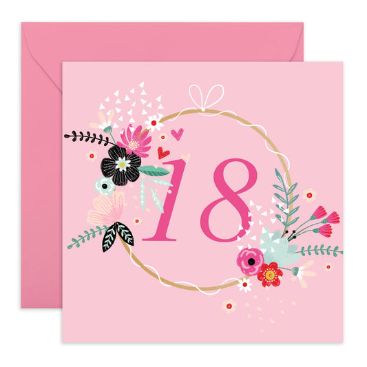 Pink Birthday Card For Women Age 18 - Elegant Floral Greeting Cards For Her Eighteenth Bday - Happy 18th Birthday Cards For Girls Sister Daughter Niece - Comes With Stickers By Central 23