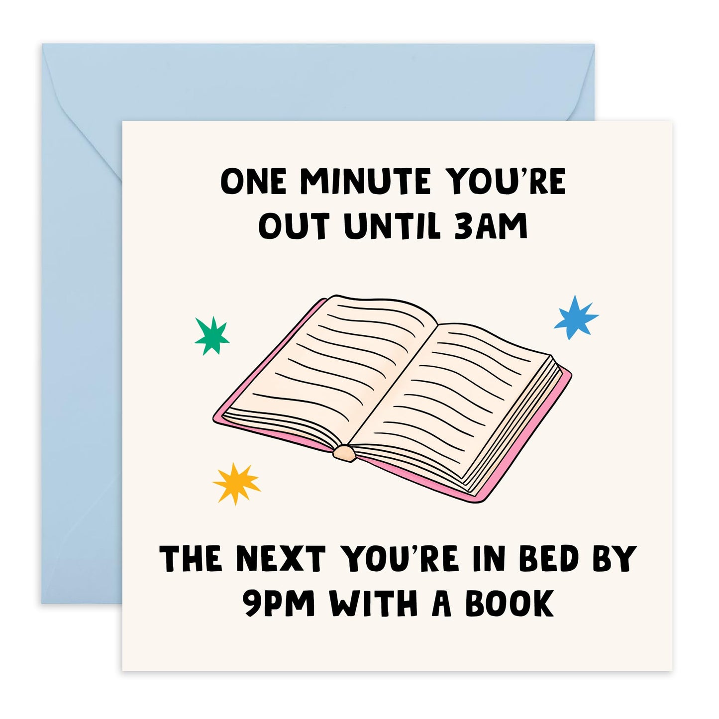 Funny Birthday Card – 'Bed by 9PM with a Book' – Greeting Card for Book Lovers, Friends, Family, Him,Her, Men, Women– Indication of Growing Old