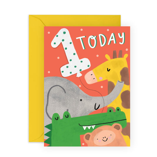 1st Birthday Card For Boy - 1 Today - Safari Animal Birthday Cards For Girls 1 Year Old - First Birthday Card For Boys And Girls - Gifts For Son Daughter Age One - Comes With Stickers - By Central 23