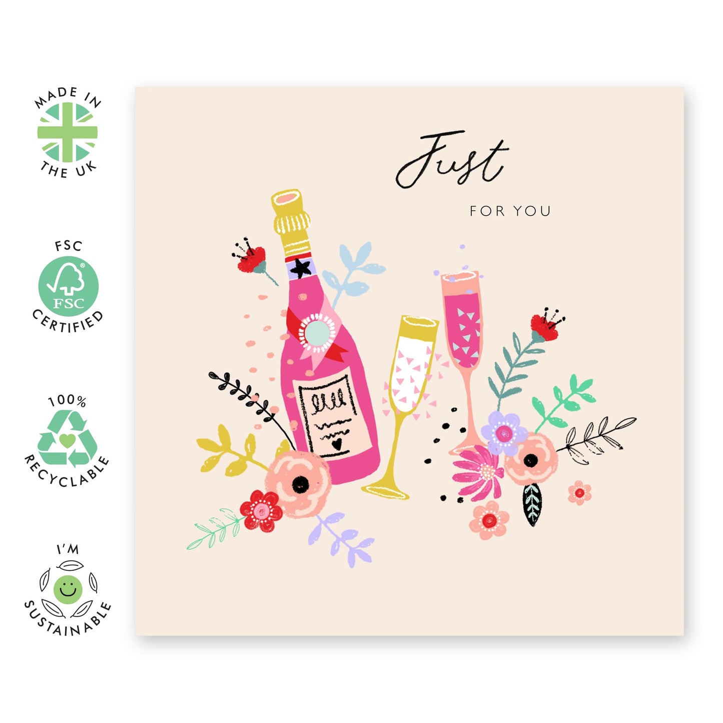 Greeting Cards For Women - Just For You - Celebration Cards - Champagne Flowers - Congratulations Blank Cards With Envelope - Gifts For Her - Comes With Stickers By Central 23