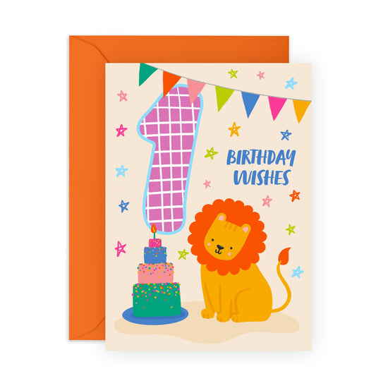 Boys Birthday Cards Age One - Bday Cake Lion - 1st Birthday Cards For Kids Girls Toddlers Baby - Gifts For Son Daughter Niece Nephew Godson - Happy First Bday Card - Comes With Stickers By Central 23