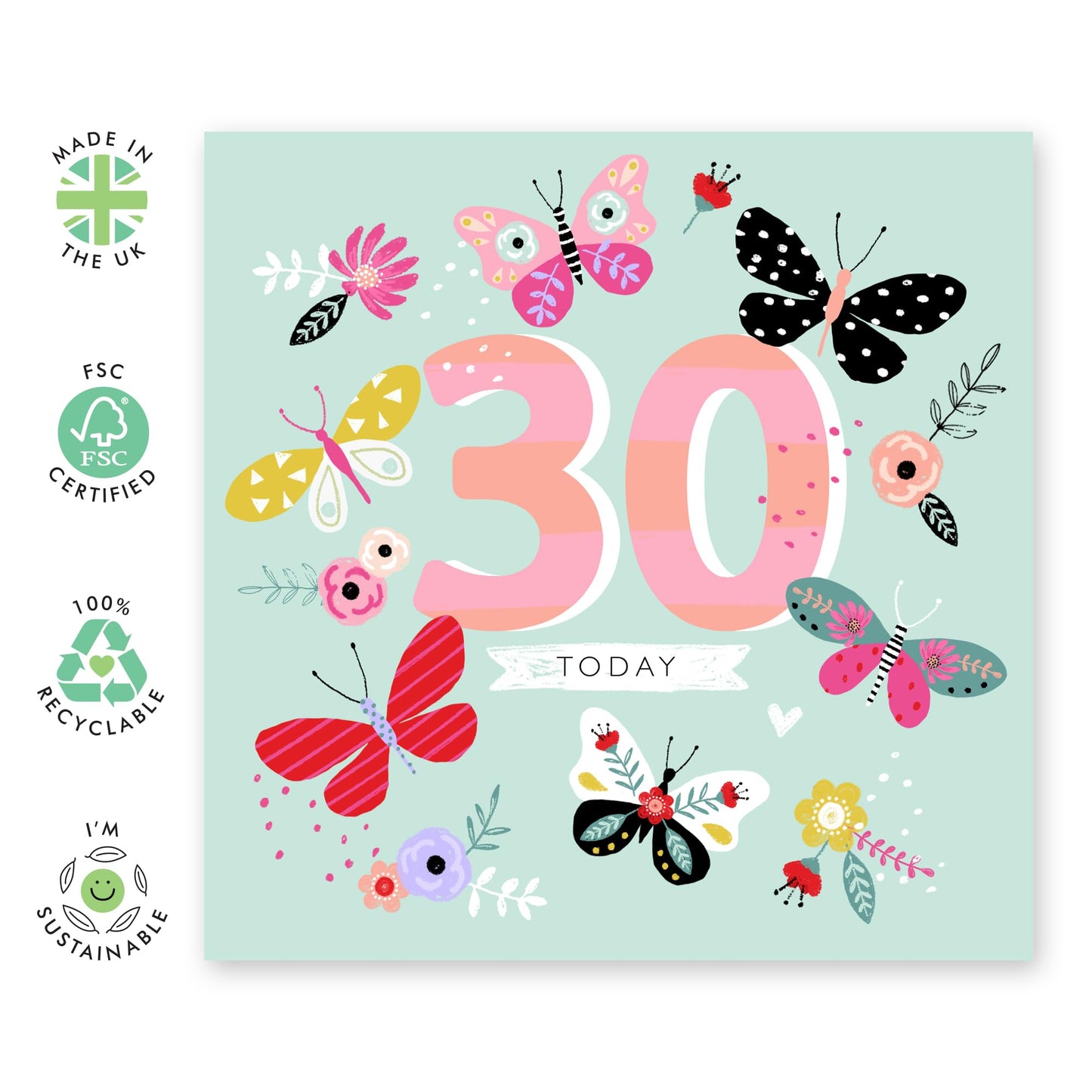 30th Birthday Card For Women - 30th Birthday Butterflies - Wife - Mum - Sister - Sweet Birthday Card - Happy Thirtieth Birthday Greeting Card Female Friends - Comes With Stickers By Central 23