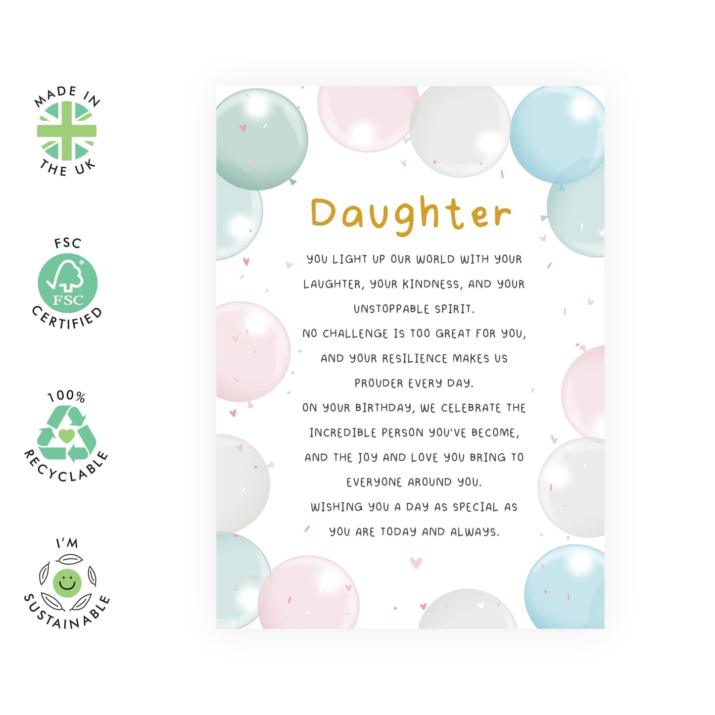 Cute Pink Birthday Card - 'Daughter Balloons Poem' - Step Daughter, In-Laws from Mum, Dad, Parents, Family, Her, Girls - Long Message - Comes with Fun Stickers