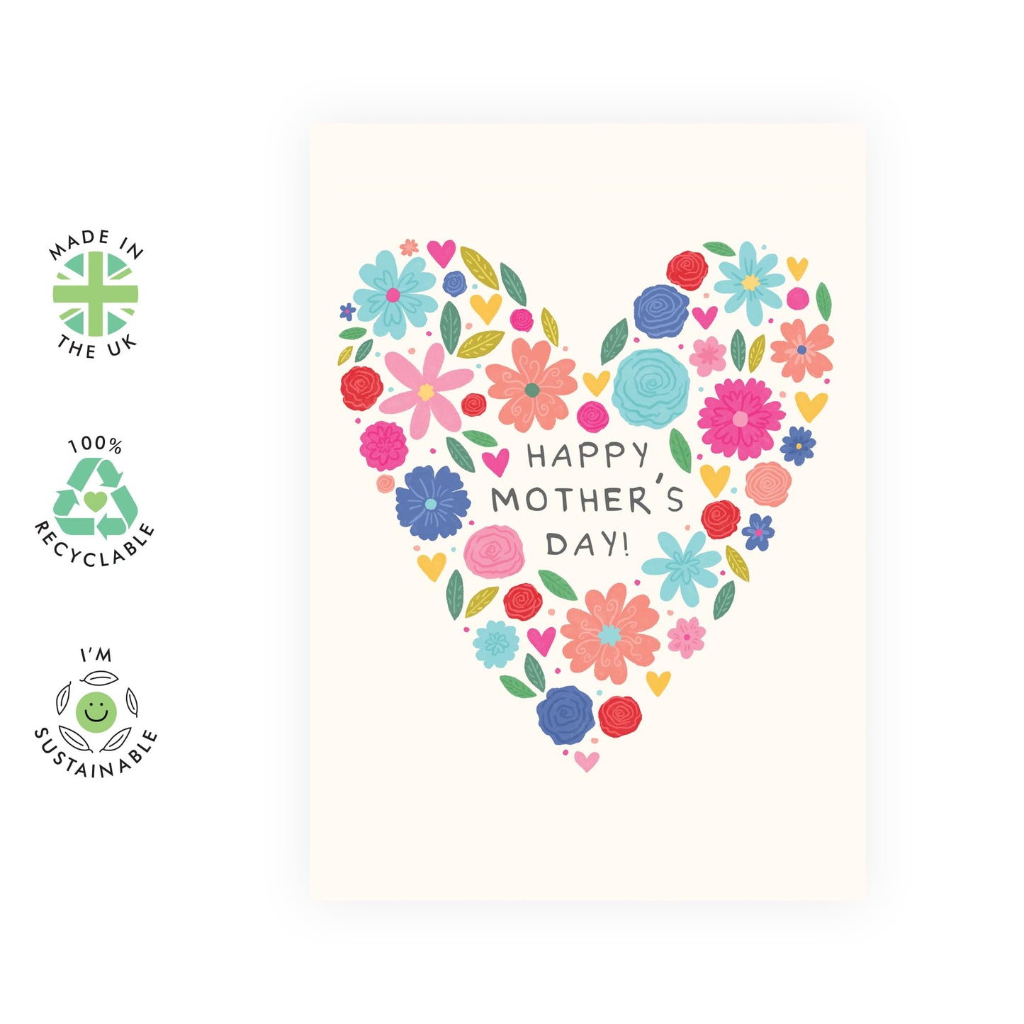 Heart Flowers Mother’s Day Card – Colourful Floral Design- Sweet Gift for Mum, Mummy, Mama, Ma, Mam, Wife, Grandma, Nan, In Law, Sister, Her, Women from Son or Daughter - Comes with Stickers