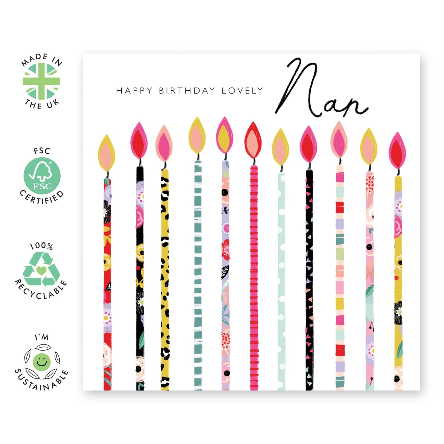 Happy Birthday Lovely Nan Card - Birthday Candles Trendy Prints - Pink Gifts For Her Women - Grandma Greeting Cards - Nanny Grandmother Granny - Comes With Fun Stickers By Central 23