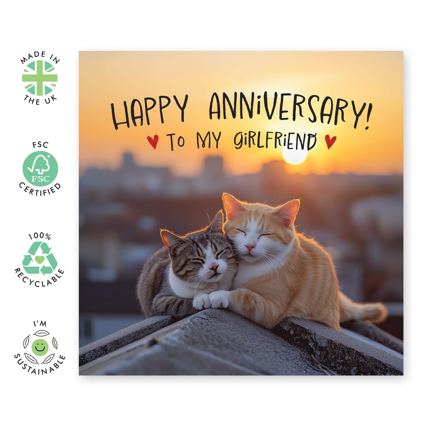 Happy Anniversary Card 'To My Girlfriend' - Romantic Cat Design with Sunset Background - Romantic Greeting Card for Her, Darling, Women, Babe- Celebrating Love and Milestones - Blank Inside
