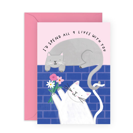 Cats & Flowers Anniversary Card - '9 Lives Cats' - Valentines Gifts for Wife, Husband, Girlfriend, Boyfriend, Partners, Couples - Sweet Messages - Comes with Fun Stickers