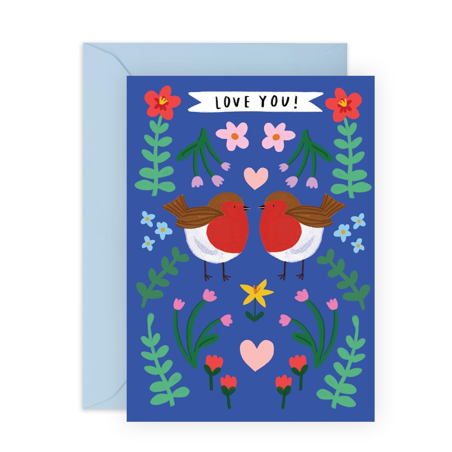 Cute Anniversary Card - 'Robins Love U Floral' - Valentines Gifts for Wife, Husband, Girlfriend, Boyfriend, Partners, Couples - Flowers and Birds - Comes with Fun Stickers