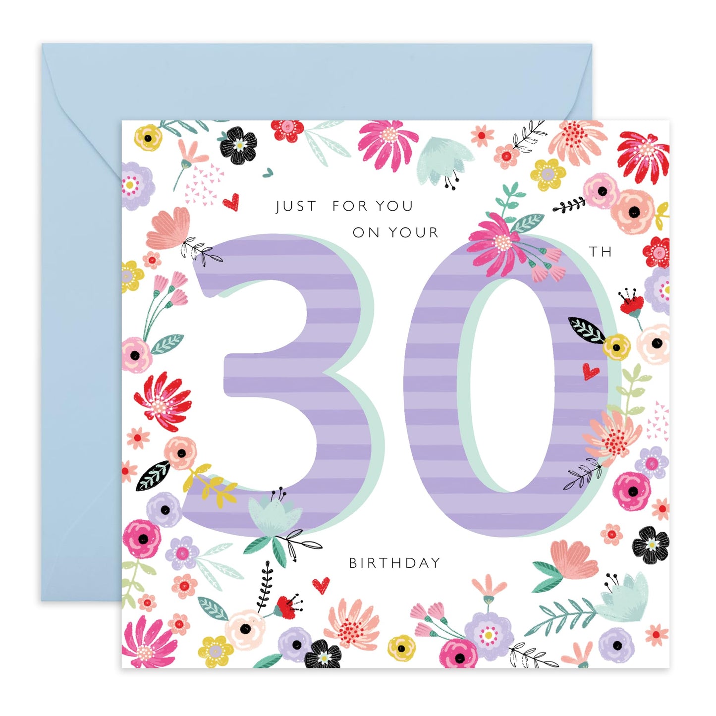 30th Birthday Card For Women - Striped Big 30th Birthday - Wife Mum Mummy - Birthday Card - Floral Bday Card - Happy Thirtieth Birthday Greeting Card Female Friend - Comes With Stickers By Central 23