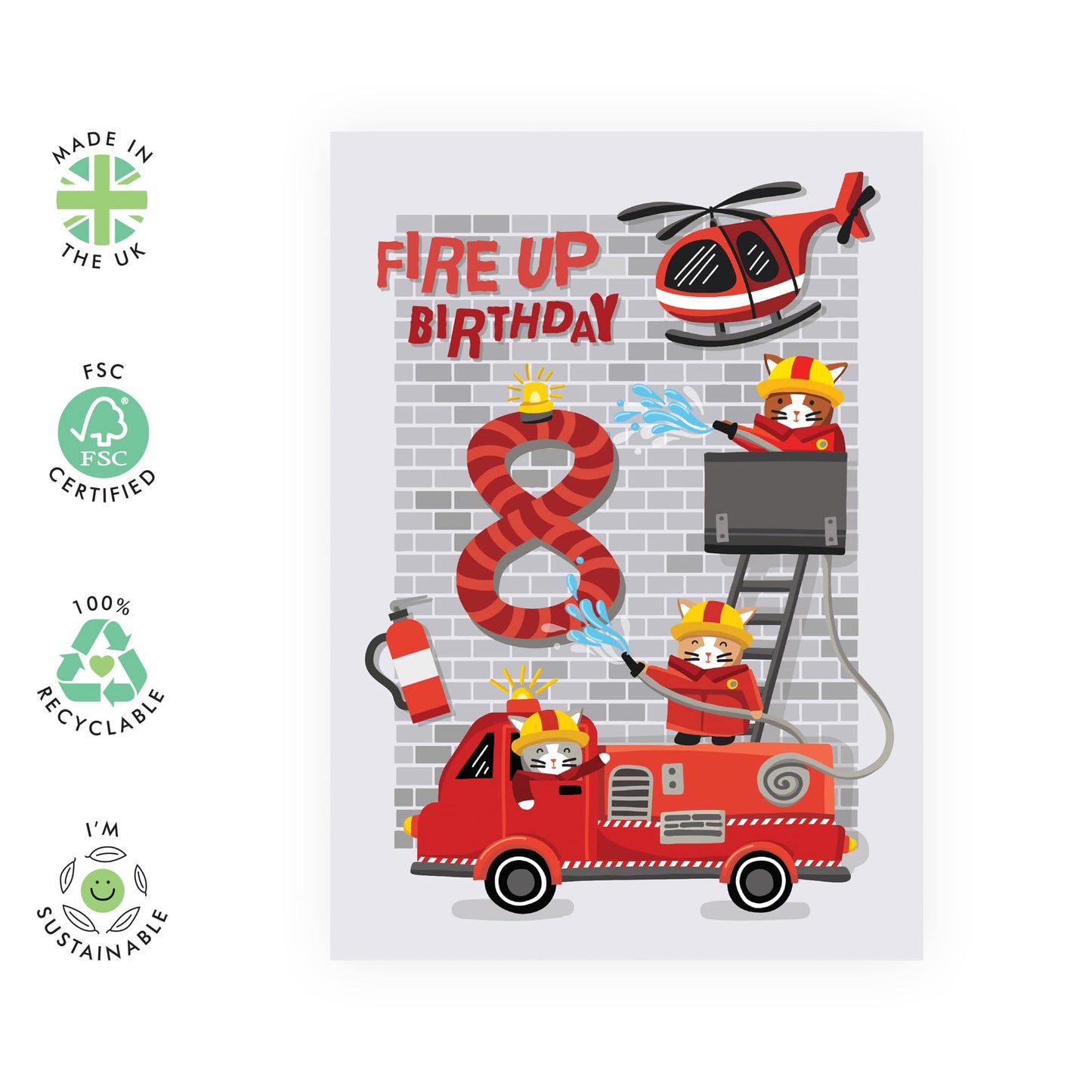Happy 8th Birthday Card For Kids - Fire Engine Helicopter - Happy Eighth Birthday Cards For Boys - 8 Year Old - Gift For Son Grandson Age Eight - Comes With Stickers - By Central 23