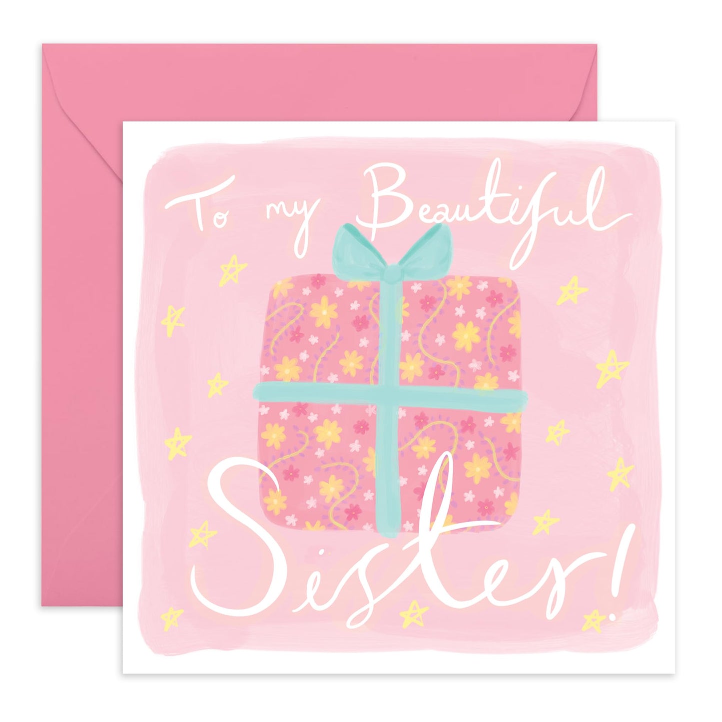 Appreciation & Birthday Card - 'Beautiful Sister' - Gifts for Sis, Sibling, Ladies, Girls, Besties, Best Friends, BFF, Co-workers, Colleagues, Her - Pink Present - Comes with Fun Stickers