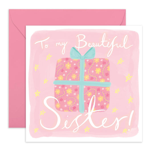 Appreciation & Birthday Card - 'Beautiful Sister' - Gifts for Sis, Sibling, Ladies, Girls, Besties, Best Friends, BFF, Co-workers, Colleagues, Her - Pink Present - Comes with Fun Stickers