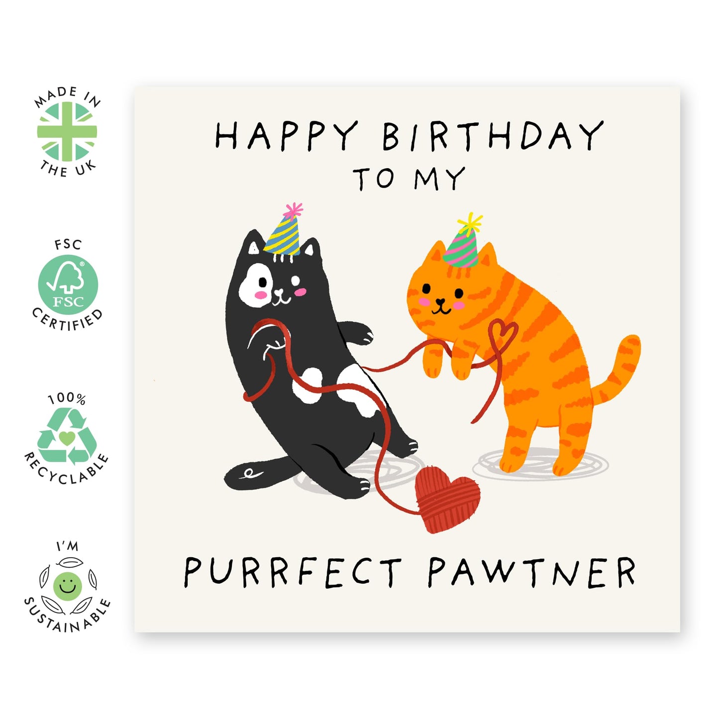 Playful Cat Birthday Card – "Purrfect Pawtner" – Cute & Whimsical Gifts for Cat Lovers, Couples, Him, Her, Boyfriend, Girlfriend, Wife, Husband, Friends, Bestie, BFF - Comes with Fun Stickers