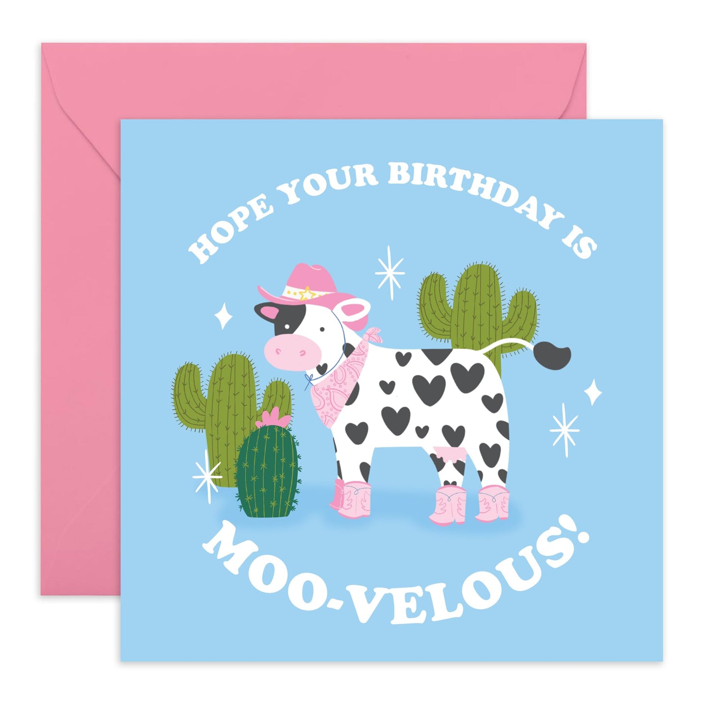 Cute Cow Birthday Card – 'Moo-Velous' - Farm Themed Greeting for Her, Sister, Friends, Besties, BFF, Collegues, Coworker, Women - Farm Animals - Comes with Fun Stickers