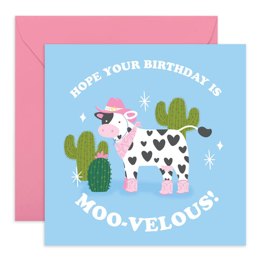 Cute Cow Birthday Card – 'Moo-Velous' - Farm Themed Greeting for Her, Sister, Friends, Besties, BFF, Collegues, Coworker, Women - Farm Animals - Comes with Fun Stickers