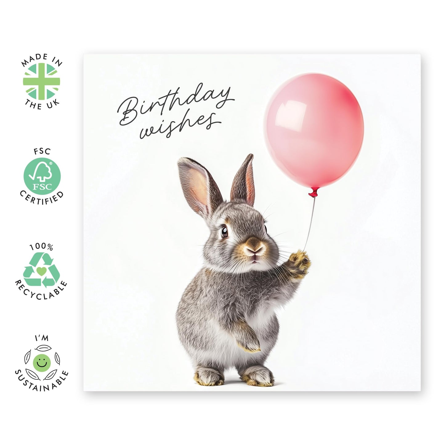 Bunny Happy Birthday Card - 'Birthday Wishes Balloon' - Gifts for Mum, Aunt, Grandma, Sisters, Friends, Besties - Bunny & Balloon - Comes with Fun Stickers