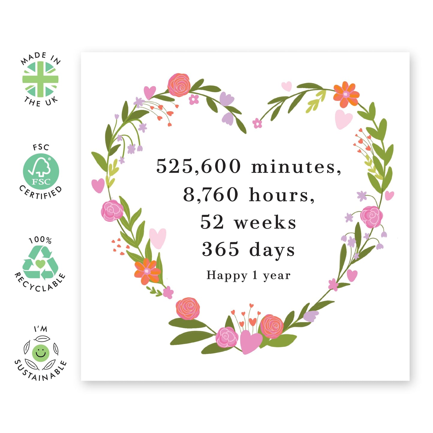 Anniversary Greeting Card - '1 YEAR 525,600 MINS' - Perfect for Celebrating a Milestone - Ideal for Showing Love Appreciation and Reflection to Your Special Day - Comes With Stickers By Central 23