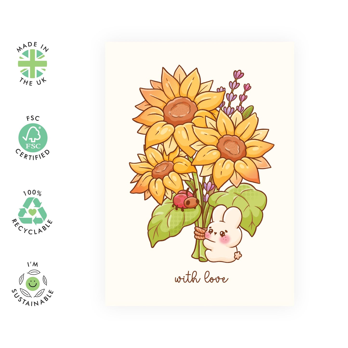 Cute Love Card - 'WITH LOVE, FLOWER BUNNY' - Gifts for Her, Him, Girlfriend, Wife, Babe, Darling, Love, Hon, Women, Ladies, Mum - Mothers Day and Birthdays - Includes Envelope and Stickers