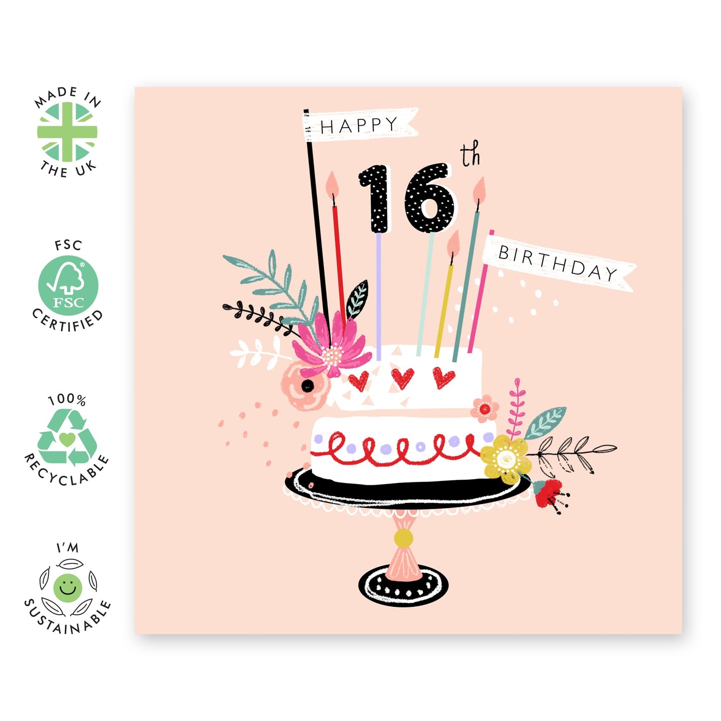 Sixteen Birthday Cards For Kids - 16th Birthday Candles - Girl Birthday Card 16th Year Old - Bday Card - Happy Birthday Card For Daughter Granddaughter Niece - Comes With Stickers By Central 23