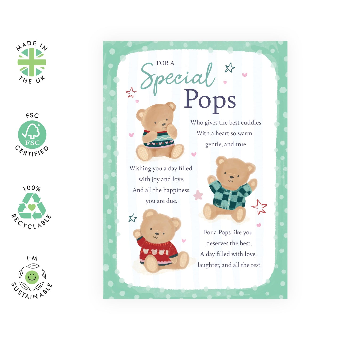 Grandfather's Sweet Greeting Card - 'Teddy Pops' - Gifts for Grandad, Grandpa, Poppy, Gramps, Grampa - Cuddles For You - Comes with Fun Stickers