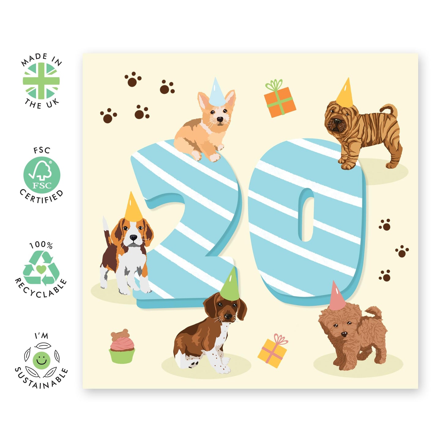 20th Birthday Card For Him - Puppy Birthday Age 20 - Puppy Birthday Card - Men Brother - Happy Twenty Birthday Card For Male Friend - Son Nephew Friends - Comes With Fun Stickers - By Central 23