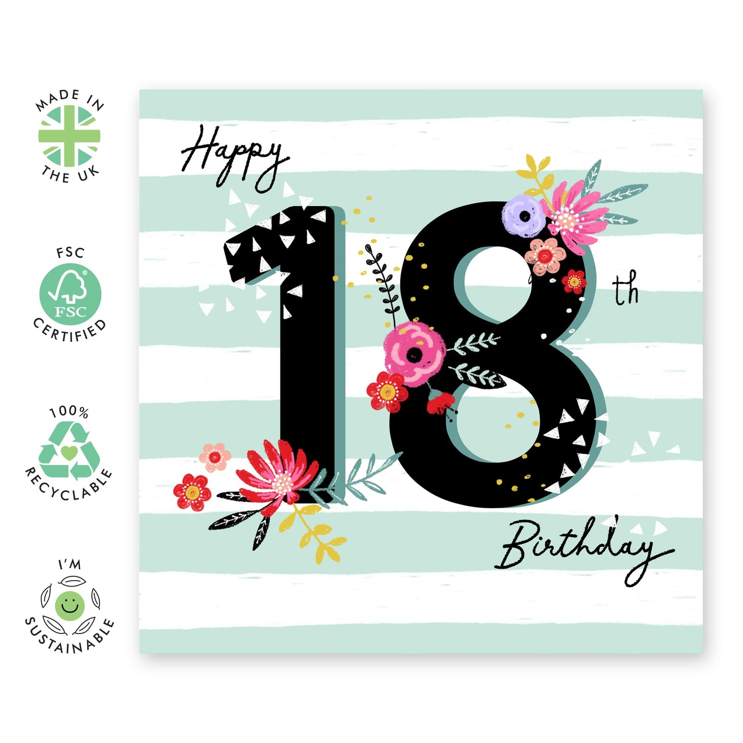 18th Birthday Card - Happy 18th Mint Stripe Birthday - Happy Eighteenth Birthday Cards - From Mum Dad - 18 Year Old For Daughter - Gifts For Girls Niece Daughter - Comes With Stickers By Central 23