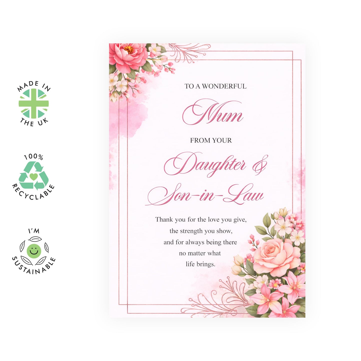 Mother’s Day Card from Daughter and Son-in-Law - ‘To a Wonderful Mum’ Elegant Floral Greeting Card - Thoughtful Verse Keepsake for Mummy - Made in UK - Includes Premium White Envelope