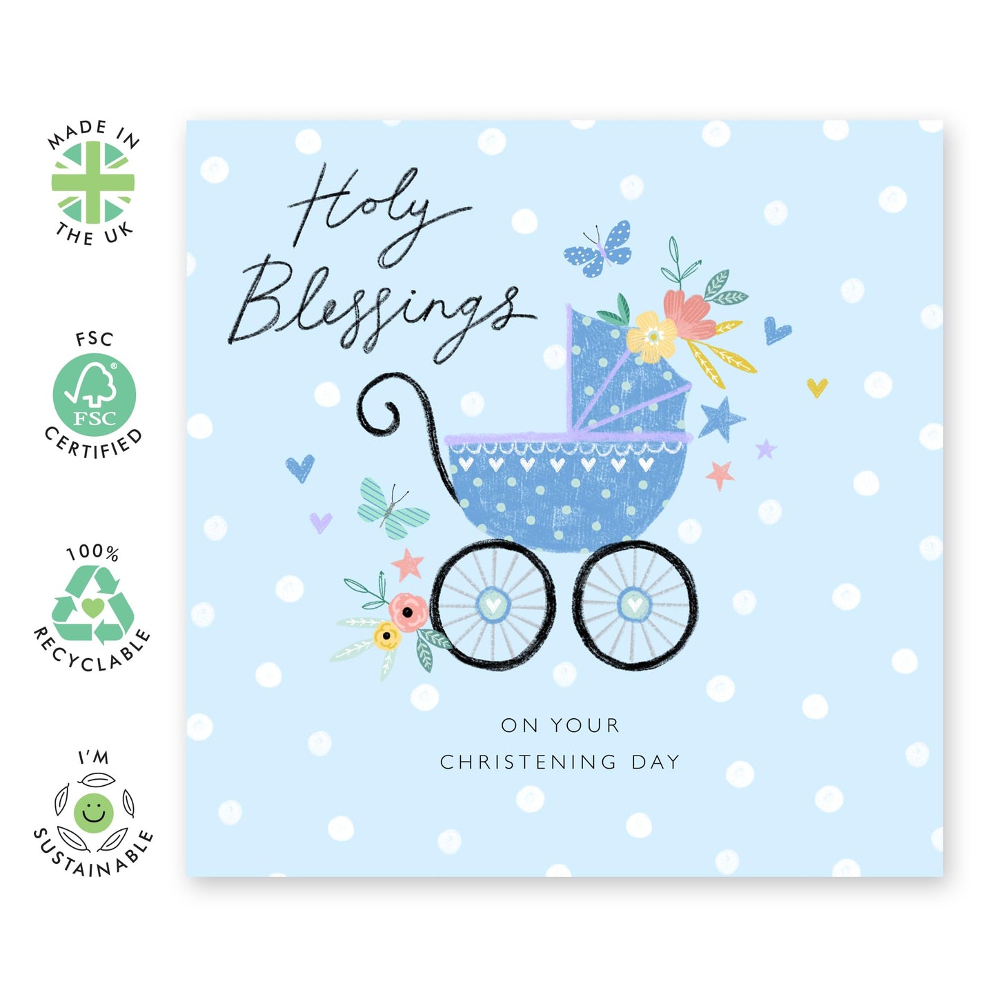 Dedication Day For Baby Boy - Baby Blue Pram Christening - Baptismal Card For Baby - Christening Card For Nephew - Baptism Grandson - Gift From Aunt Uncle - Comes With Fun Stickers By Central 23
