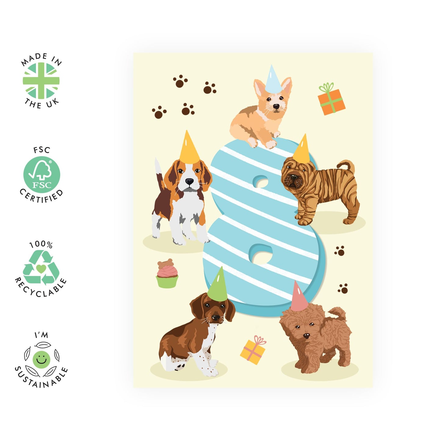 Eighth Birthday Card For Boys - Puppy Birthday Age 8 - Happy 8th Birthday Greeting Card For Kids - Eight Years Old Puppy - Milestone Baby Cards Age Eight - Child - Comes With Sticker By Central 23