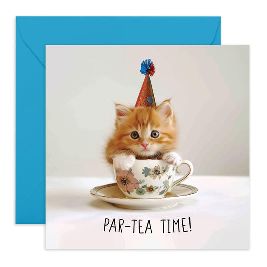 Greeting Card - 'PAR-TEA TIME KITTEN' - Perfect for Any Occasion with a Kitten Design - Ideal for Adding a Touch of Joy and Fun to Celebrations or Everyday Moments - Comes With Stickers By Central 23