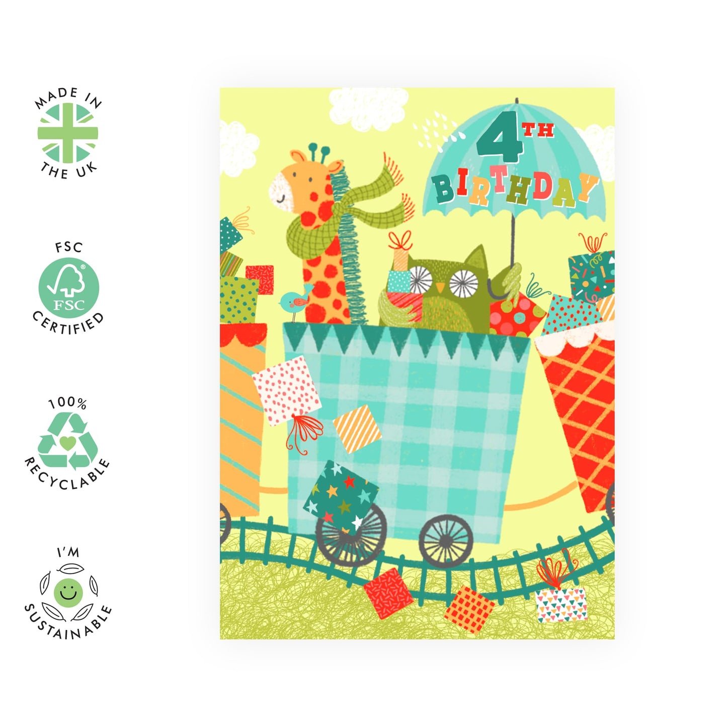 4th Birthday Card For Boys - Girls Birthday Card Age Four - Happy Forth Birthday Card For Kids - Animals Trains Giraffe Crocodile - Milestone Card 4 Year Old - Comes With Stickers - By Central 23