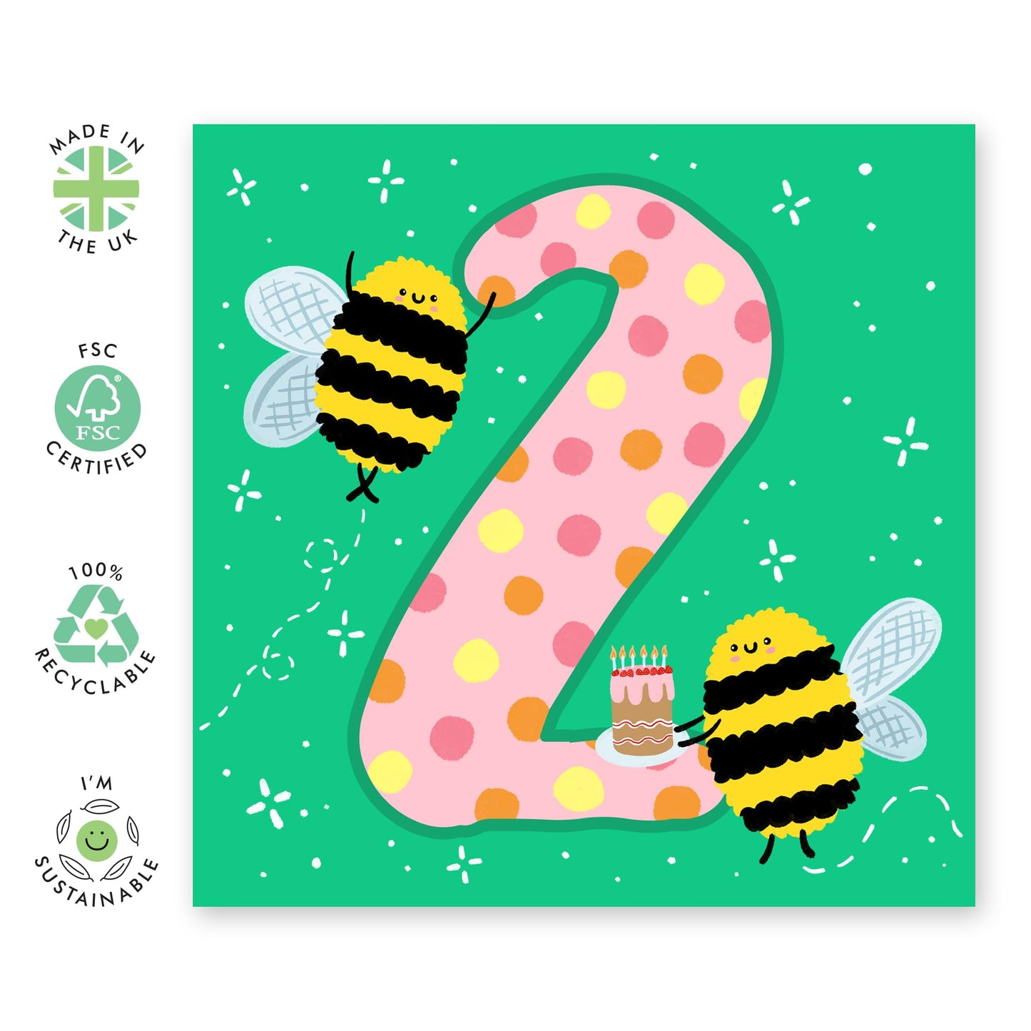 2nd Birthday Card Girl Boy - Happy Birthday Cards For Kids Two Year Old - Second Birthday Cards For Son - Baby Milestone Age Cards Green - Bee Gifts For Daughter - Comes With Stickers By Central 23