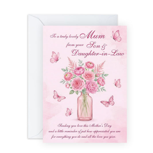 Mother’s Day Card – Truly Lovely Mum Mama Mummy Her From Son Daughter In Law Family – Pink Floral Vase Appreciation Message, Thank You - Comes with Cute Stickers