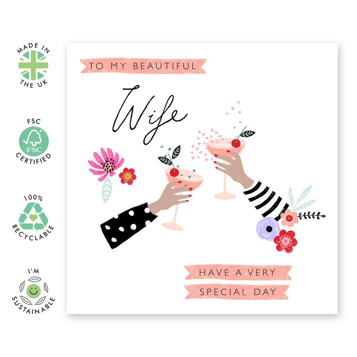 Wife Birthday Card For Women - To My Beautiful Wife, Cheers Cocktails - Sweet I Love You Cards And Envelopes - Greeting Cards For Wives - Wife Gifts - Comes With Cute Stickers By Central 23