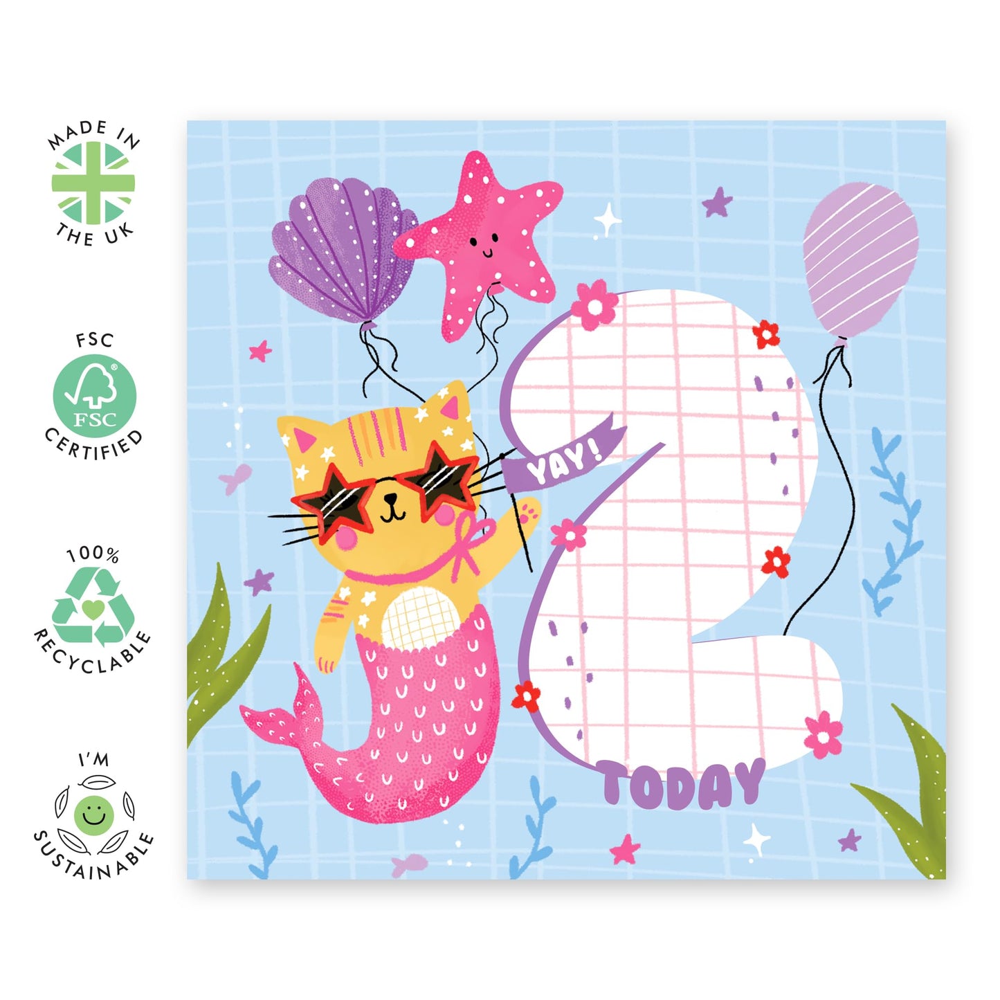 2nd Birthday Card - Mermaid Cat - Cute Happy Birthday Card For Girls Age Two - Kids Birthday Cards Second Bday - Gifts For Daughter Niece Granddaughter - Comes With Stickers By Central 23