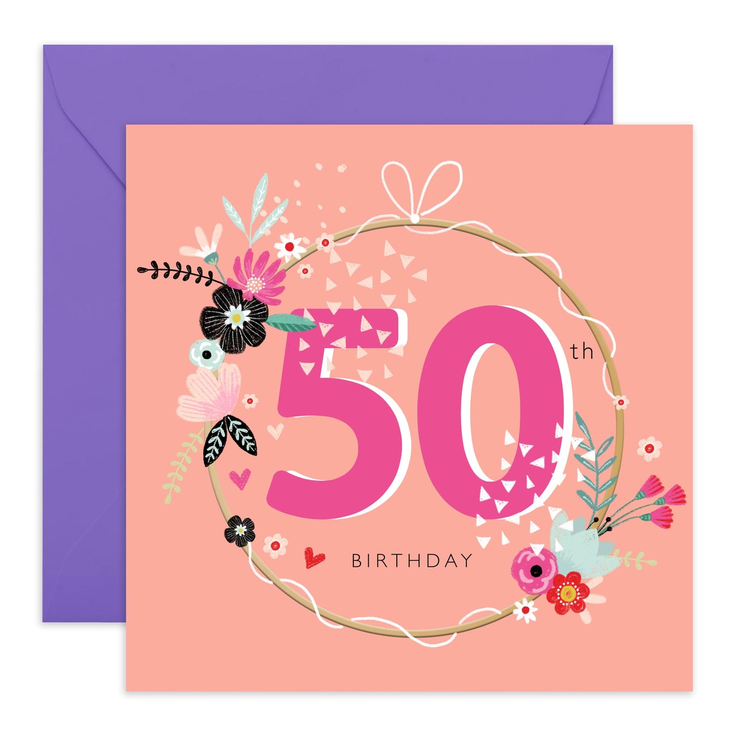 50th Birthday Card For Her - 50th Circle Florals - Fiftieth Floral Birthday Card - Wife Mum - Gift For Women - Mummy Birthday Greeting Card Sister Female Friend - Comes With Fun Stickers By Central 23