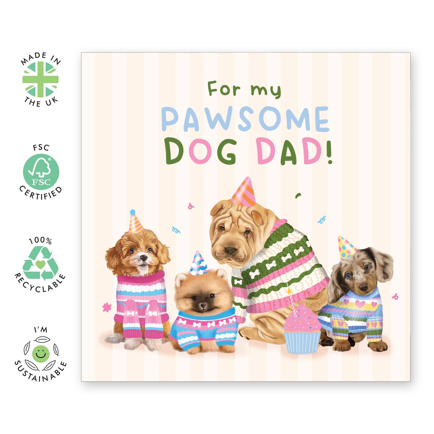 Adorable Dogs Birthday Card - 'Pawesome Dad' - Gifts for Fur Dads,Best Friend, BFF, Colleagues, Co-worker, Animal, Pet Lover, Bruv, Mate - Bday Hats - Comes with Fun Stickers