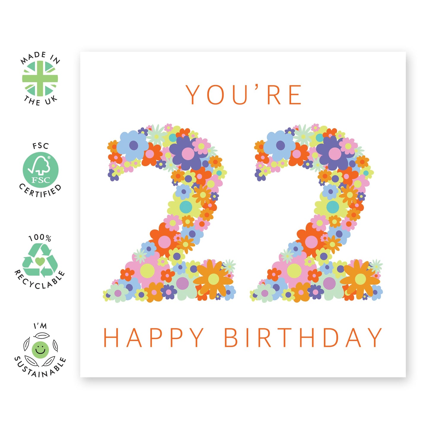 22nd Birthday Card For Her - Floral Rainbow Age 22 - Floral Birthday Card - Happy Twenty-two Birthday Greeting Card Female Friend - Daughter Sister Niece - Comes With Fun Stickers - By Central 23